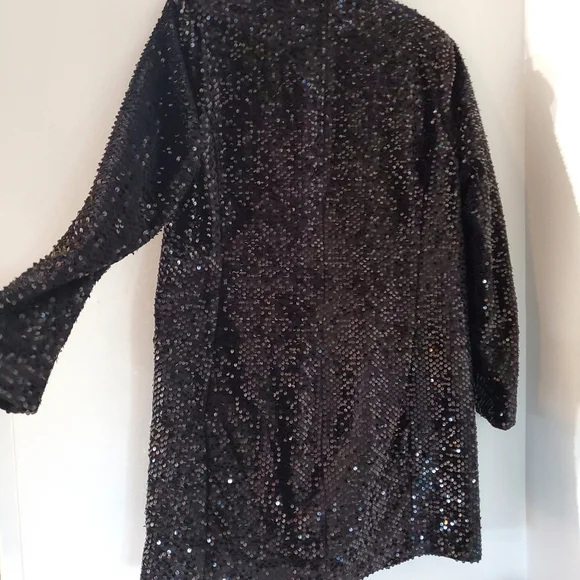 NINE WEST Sz XL Black Sequins Blazer 36" Mini Dress LS Collar Glitzy NYE EUC - Picture 11 of 16